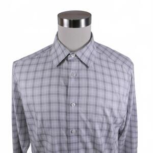 Egara Mens Cotton Non Iron Button Up Gray White Plaid Dress Shirt Large